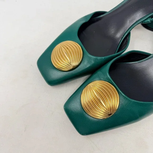 Zara Emerald Green Leather Slingback Block Heel Gold Shell Square Toe Pumps 41 - Picture 2 of 10
